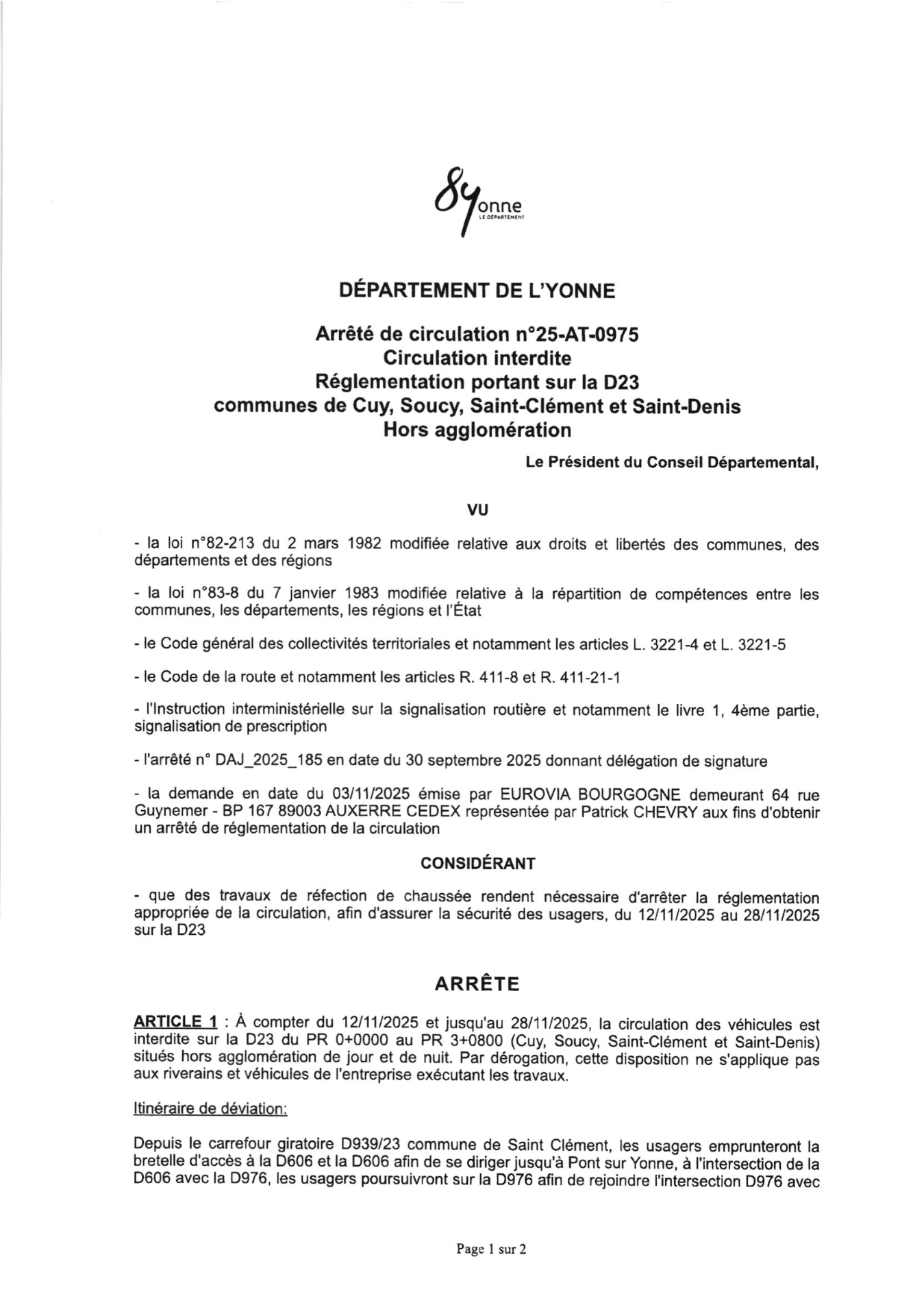 Département de l'Yonne : Arrêté de circulation