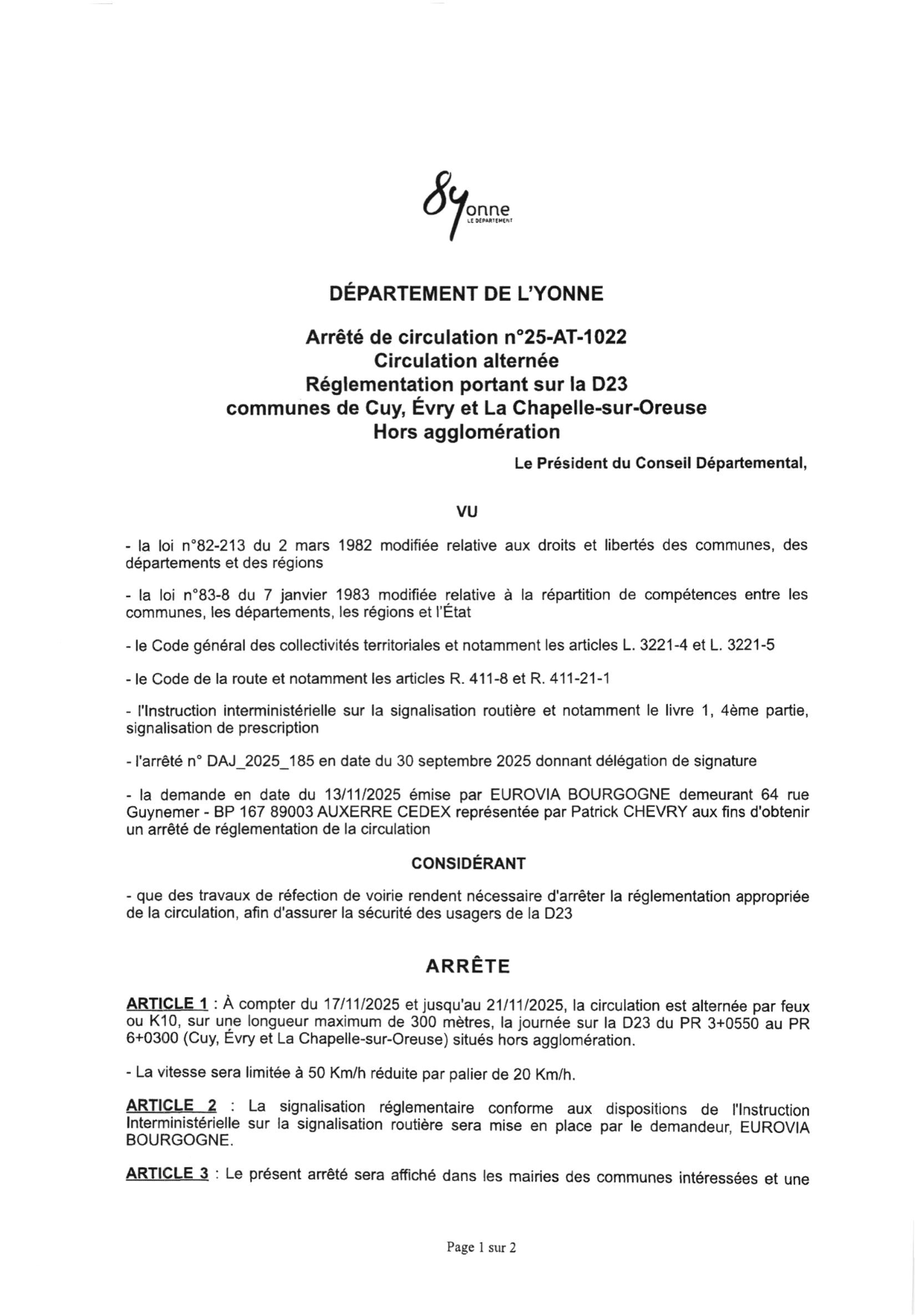 Circulation alternée portant sur la D23